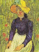 Vincent Van Gogh Young Peasant Woman with straw hat sitting in front of a wheat field USA oil painting artist